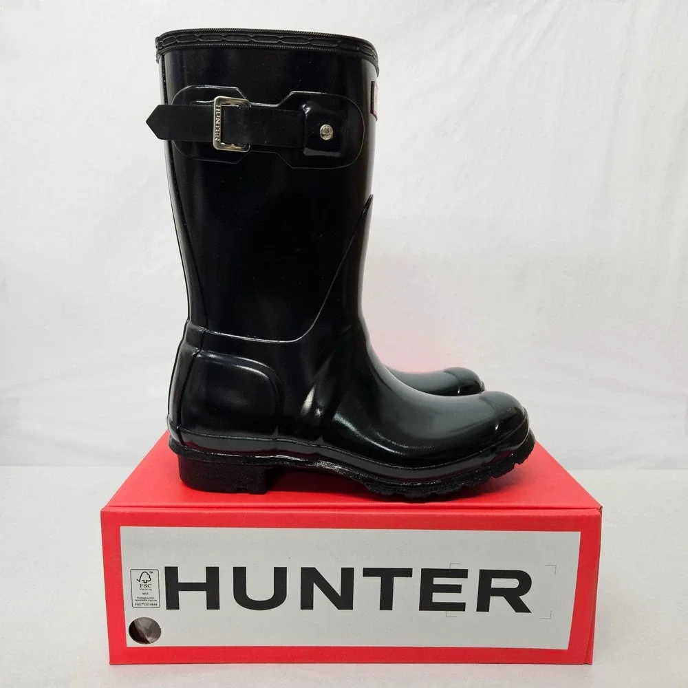 Hunter Original Short Gloss Rain Boots‎ WFS1000RGL Black Women's Size 6